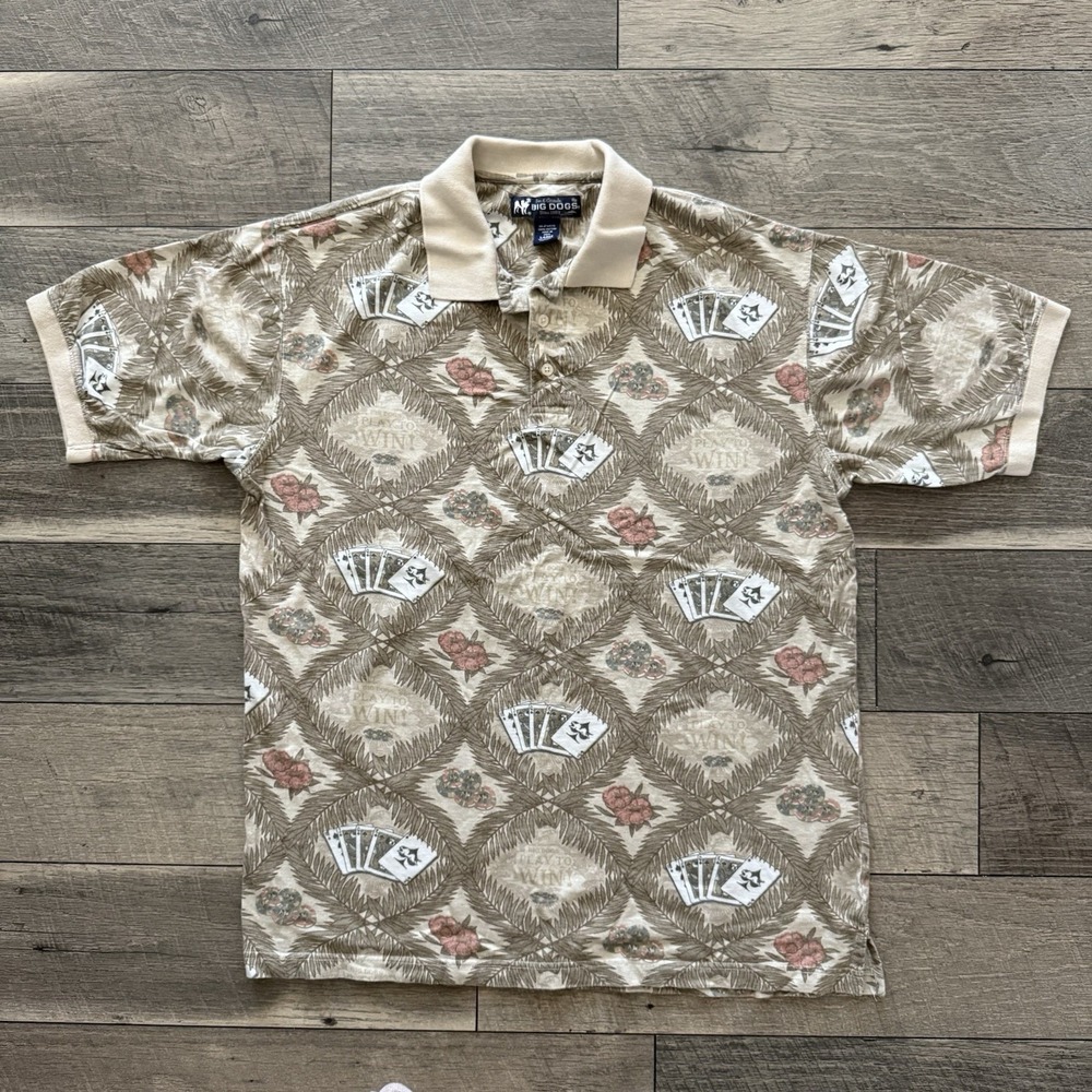 VTG Big Dogs Casino "Play to Win" Hawaiian Polo Shirt Tropical Novelty Mens Sz L